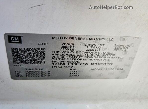 1GNLCDEC7LR185153 2020 CHEVROLET TAHOE White VIN sticker view