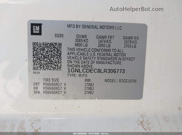 1GNLCDEC8LR306773 2020 CHEVROLET TAHOE White Вид підкапотного простору