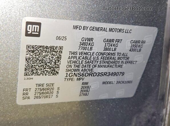 1GNS6DRD3SR349079 2025 CHEVROLET SUBURBAN Gray Vista de la etiqueta del VIN
