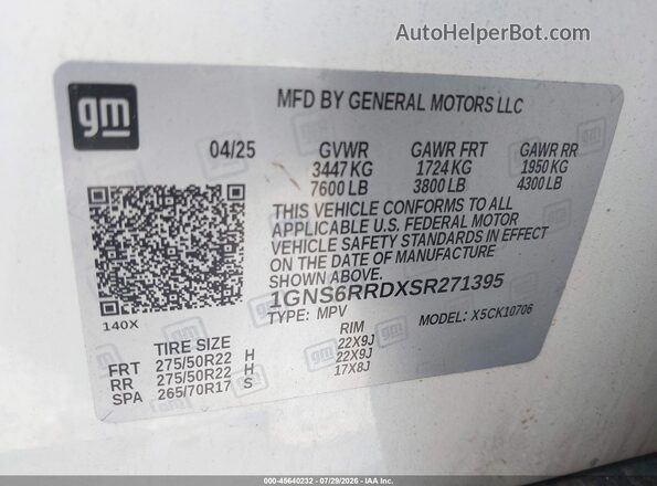 1GNS6RRDXSR271395 2025 CHEVROLET TAHOE White Vista del compartimento del motor