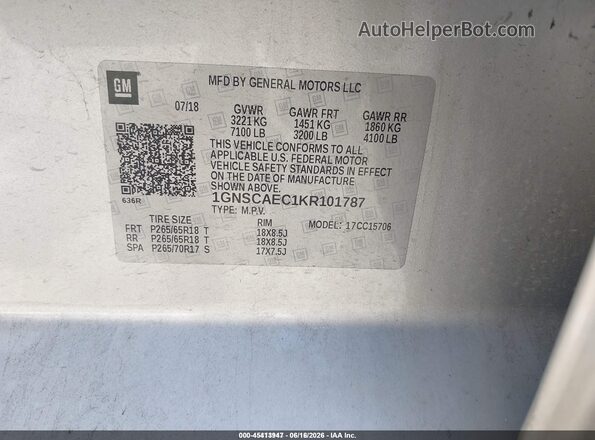 1GNSCAEC1KR101787 2019 CHEVROLET TAHOE Silver Widok komory silnika