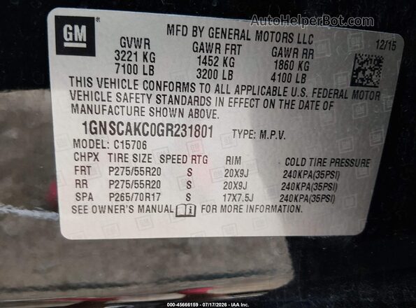 1GNSCAKC0GR231801 2016 CHEVROLET TAHOE Black Widok komory silnika