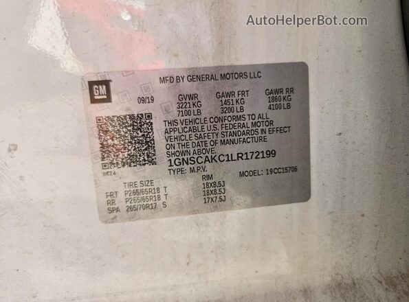 1GNSCAKC1LR172199 2020 CHEVROLET TAHOE White Вид наклейки з VIN-кодом