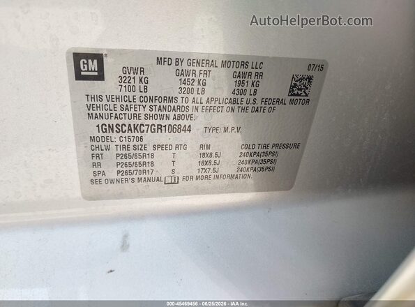 1GNSCAKC7GR106844 2016 CHEVROLET TAHOE Silver Engine compartment view