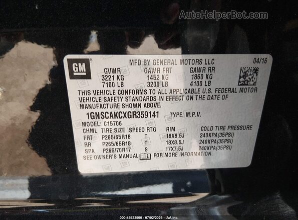 1GNSCAKCXGR359141 2016 CHEVROLET TAHOE Black Vista del compartimento del motor