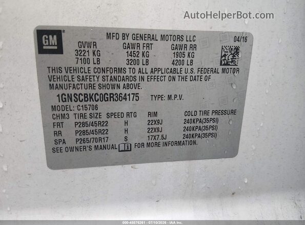 1GNSCBKC0GR364175 2016 CHEVROLET TAHOE Белый Вид подкапотного пространства