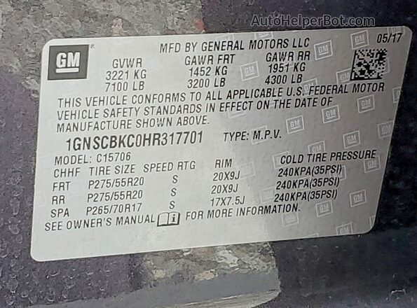 1GNSCBKC0HR317701 2017 CHEVROLET TAHOE Угольный Вид наклейки с VIN-кодом