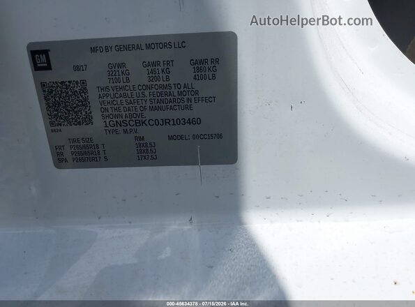 1GNSCBKC0JR103460 2018 CHEVROLET TAHOE Белый Вид подкапотного пространства