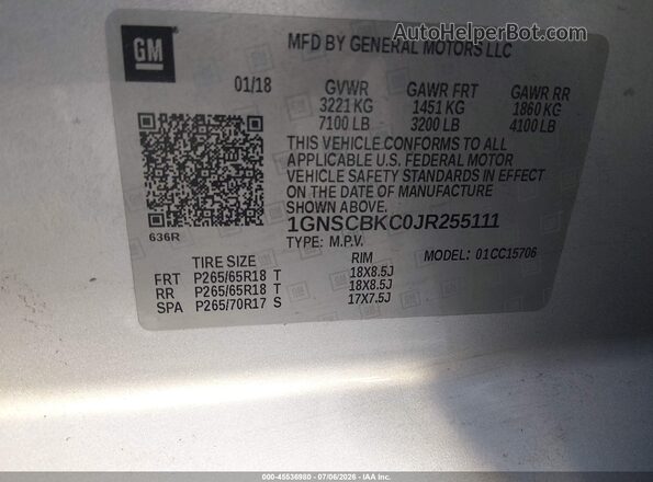 1GNSCBKC0JR255111 2018 CHEVROLET TAHOE Silver Widok komory silnika
