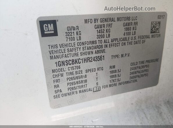 1GNSCBKC1HR243561 2017 CHEVROLET TAHOE Белый Вид подкапотного пространства