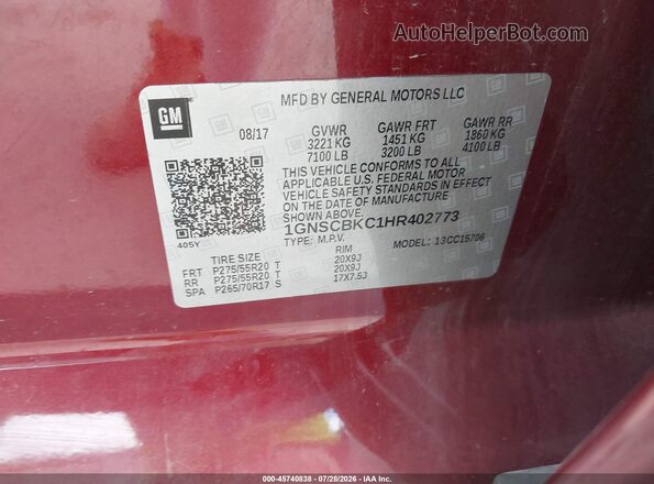 1GNSCBKC1HR402773 2017 CHEVROLET TAHOE Red Engine compartment view