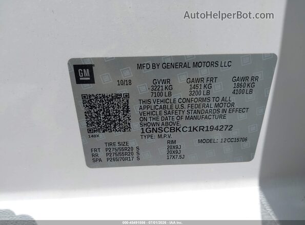 1GNSCBKC1KR194272 2019 CHEVROLET TAHOE White Շարժիչի բաժամունքի տեսք