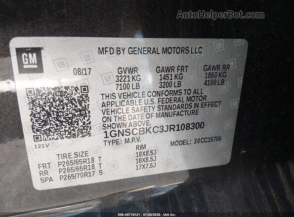 1GNSCBKC3JR108300 2018 CHEVROLET TAHOE Black ძრავის განყოფილების ხედი