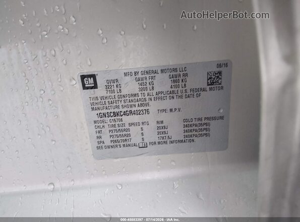 1GNSCBKC4GR402376 2016 CHEVROLET TAHOE Champagne Вид підкапотного простору