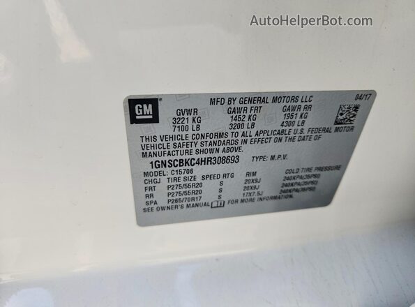 1GNSCBKC4HR308693 2017 CHEVROLET TAHOE White Widok wnętrza 360 stopni