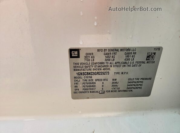 1GNSCBKC5GR229273 2016 CHEVROLET TAHOE White Вид наклейки з VIN-кодом