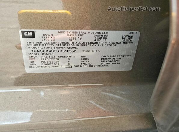 1GNSCBKC5GR318552 2016 CHEVROLET TAHOE Tan Vista de la etiqueta del VIN