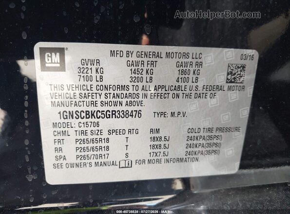 1GNSCBKC5GR338476 2016 CHEVROLET TAHOE Black Engine compartment view
