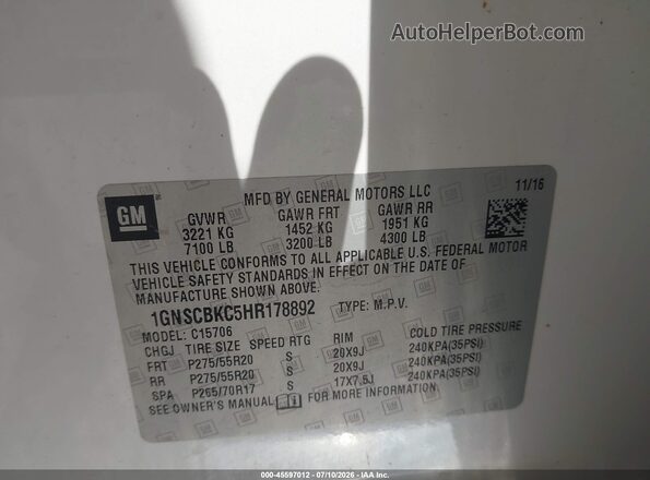 1GNSCBKC5HR178892 2017 CHEVROLET TAHOE White Շարժիչի բաժամունքի տեսք
