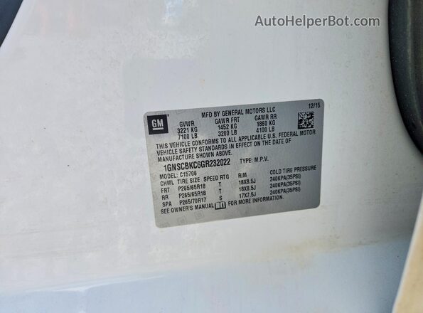 1GNSCBKC6GR232022 2016 CHEVROLET TAHOE White VIN კოდის სტიკერის ხედი