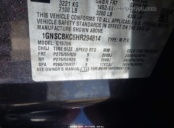 1GNSCBKC6HR294814 2017 CHEVROLET TAHOE Gray ძრავის განყოფილების ხედი