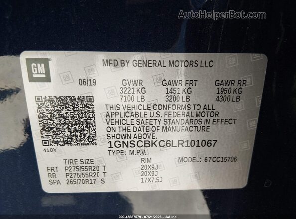 1GNSCBKC6LR101067 2020 CHEVROLET TAHOE Dark Blue Շարժիչի բաժամունքի տեսք