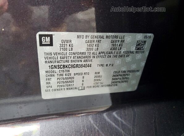1GNSCBKC8GR384044 2016 CHEVROLET TAHOE Black Widok naklejki z numerem VIN