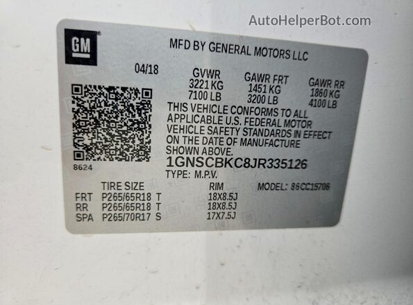 1GNSCBKC8JR335126 2018 CHEVROLET TAHOE White Widok naklejki z numerem VIN
