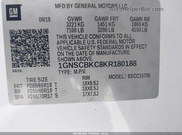 1GNSCBKC8KR180188 2019 CHEVROLET TAHOE Белый Вид подкапотного пространства