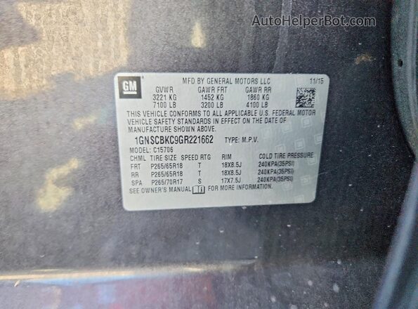 1GNSCBKC9GR221662 2016 CHEVROLET TAHOE Charcoal Widok naklejki z numerem VIN