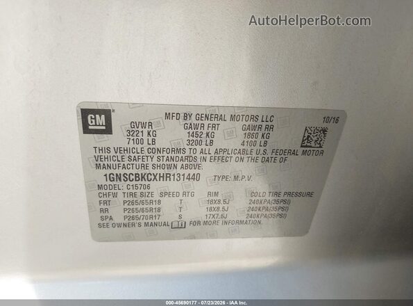 1GNSCBKCXHR131440 2017 CHEVROLET TAHOE Серебряный Вид подкапотного пространства