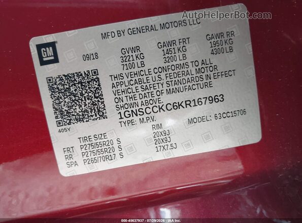 1GNSCCKC6KR167963 2019 CHEVROLET TAHOE Red Engine compartment view