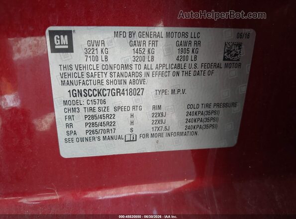 1GNSCCKC7GR418027 2016 CHEVROLET TAHOE Red Engine compartment view