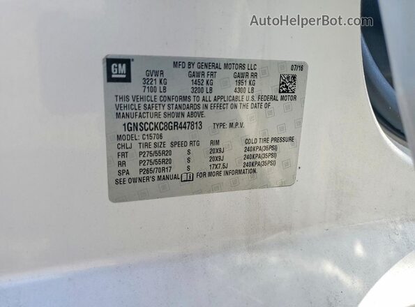 1GNSCCKC8GR447813 2016 CHEVROLET TAHOE White VIN կոդի պիտակի տեսք