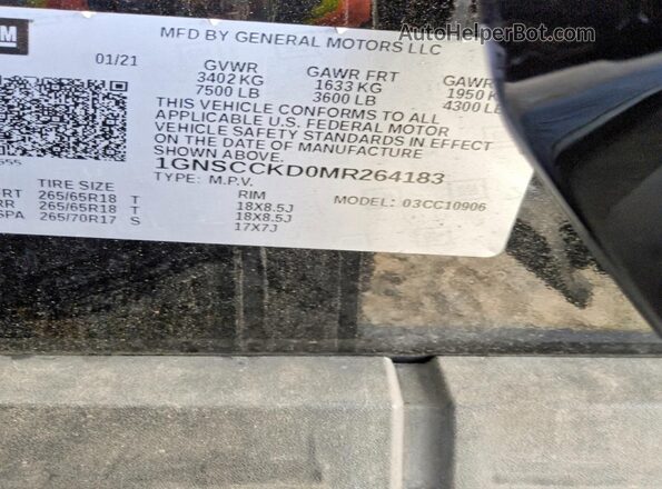 1GNSCCKD0MR264183 2021 CHEVROLET SUBURBAN Black VIN կոդի պիտակի տեսք
