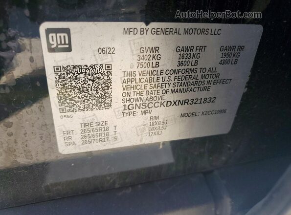 1GNSCCKDXNR321832 2022 CHEVROLET SUBURBAN Black Vista de la etiqueta del VIN