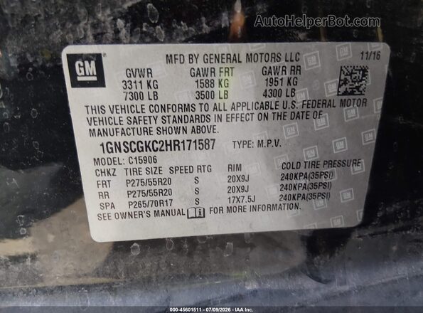 1GNSCGKC2HR171587 2017 CHEVROLET SUBURBAN Черный Вид подкапотного пространства
