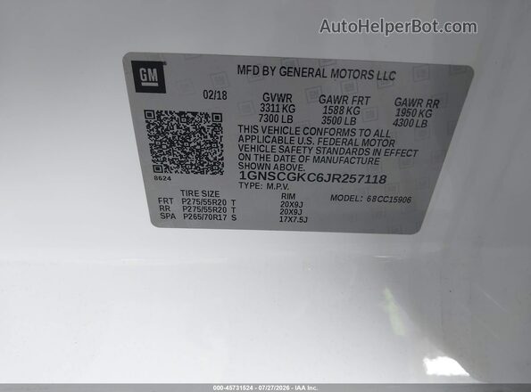 1GNSCGKC6JR257118 2018 CHEVROLET SUBURBAN White Вид підкапотного простору
