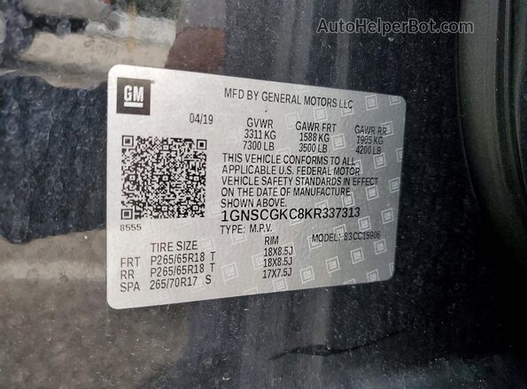 1GNSCGKC8KR337313 2019 CHEVROLET SUBURBAN Black VIN კოდის სტიკერის ხედი