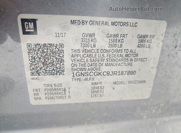 1GNSCGKC9JR187890 2018 CHEVROLET SUBURBAN Gray VIN sticker view