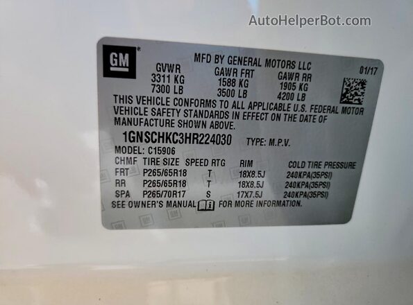1GNSCHKC3HR224030 2017 CHEVROLET SUBURBAN White VIN sticker view
