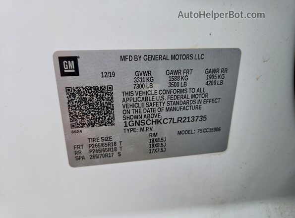 1GNSCHKC7LR213735 2020 CHEVROLET SUBURBAN White Панорамний вид салону 360°