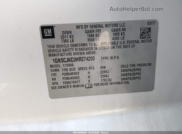1GNSCJKC0HR274200 2017 CHEVROLET SUBURBAN Белый Вид подкапотного пространства