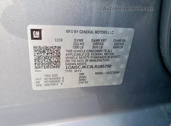 1GNSCJKC0LR195750 2020 CHEVROLET SUBURBAN Gray VIN კოდის სტიკერის ხედი