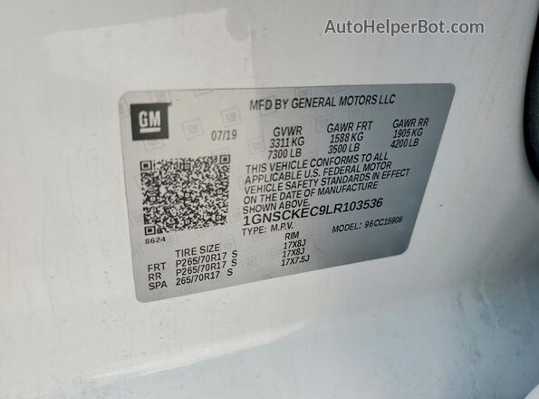 1GNSCKEC9LR103536 2020 CHEVROLET SUBURBAN White ძრავის განყოფილების ხედი