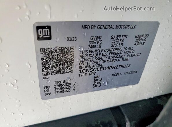 1GNSCLED4PR279012 2023 CHEVROLET TAHOE White VIN կոդի պիտակի տեսք