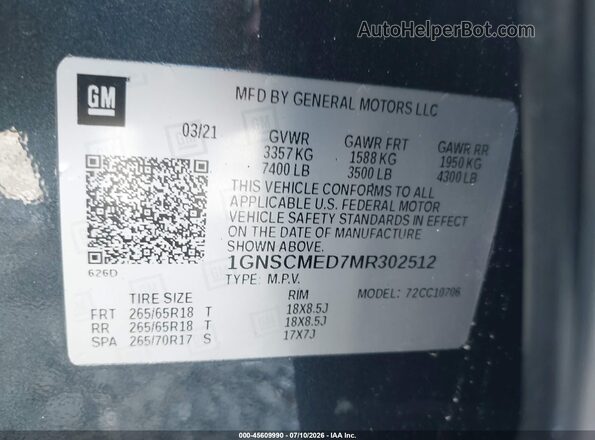 1GNSCMED7MR302512 2021 CHEVROLET TAHOE Gray Engine compartment view
