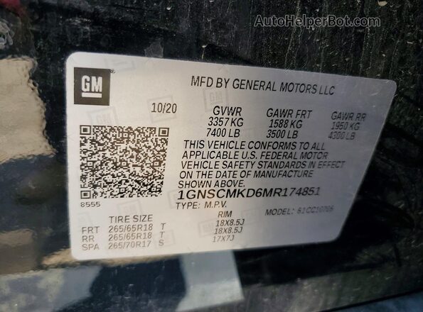 1GNSCMKD6MR174851 2021 CHEVROLET TAHOE Black Вид наклейки з VIN-кодом