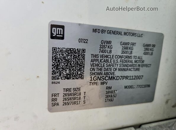 1GNSCMKD7PR112007 2023 CHEVROLET TAHOE White Вид наклейки з VIN-кодом