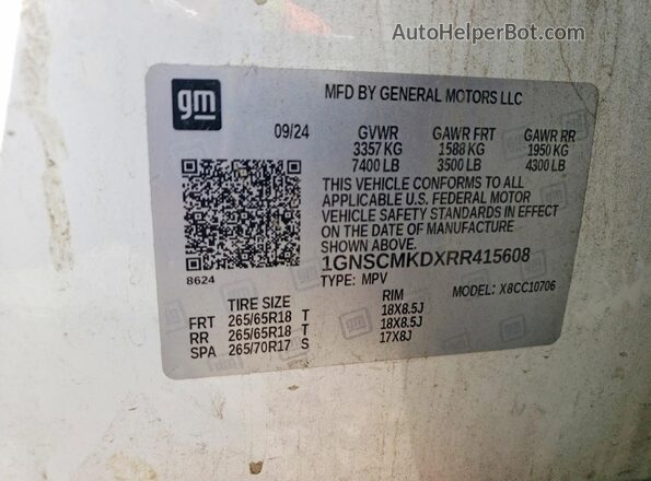 1GNSCMKDXRR415608 2024 CHEVROLET TAHOE White Widok naklejki z numerem VIN